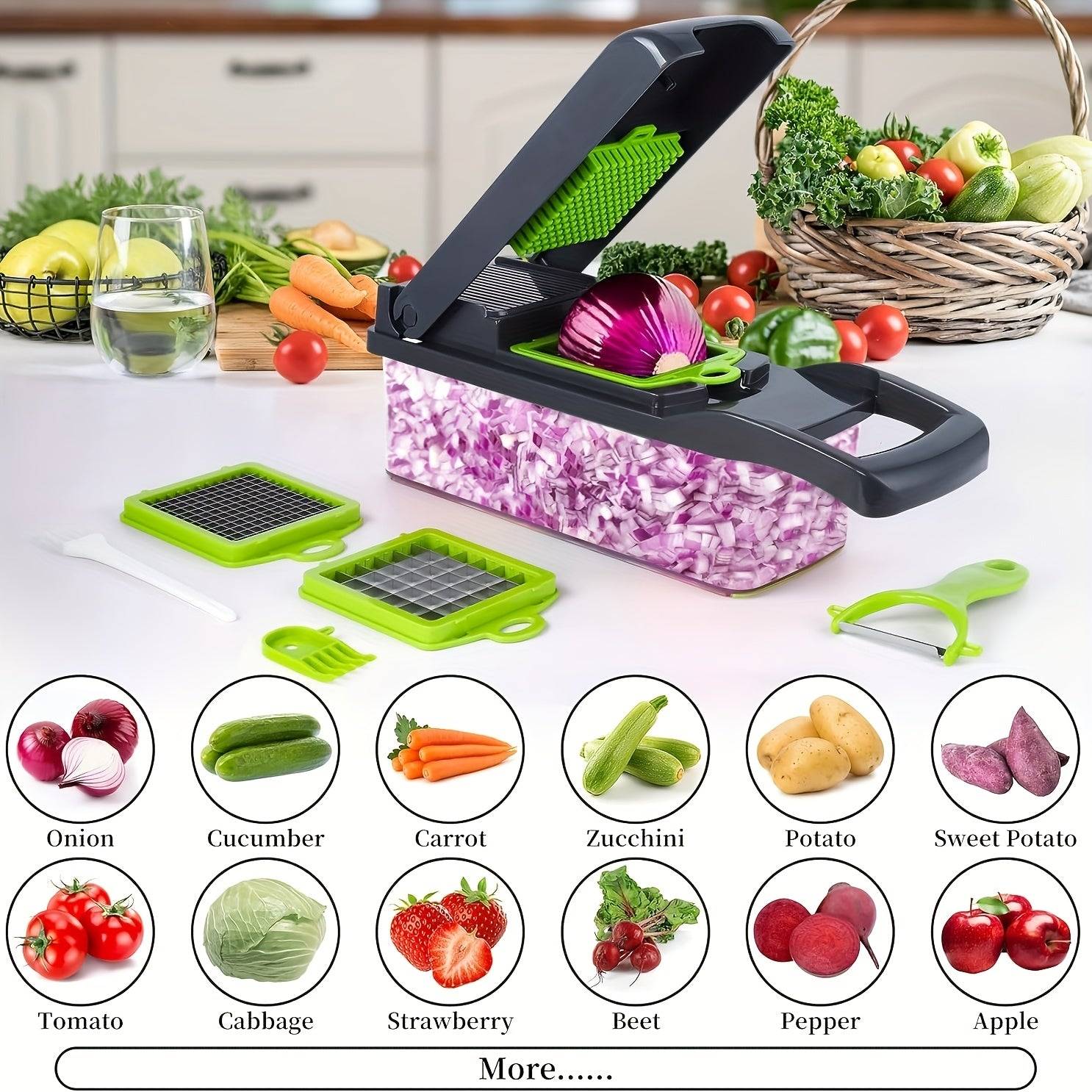 Professional 16-in-1 Vegetable Chopper – Multifunctional Slicer & Dicer with 8 Blades, Onion & Carrot Chopper with Container