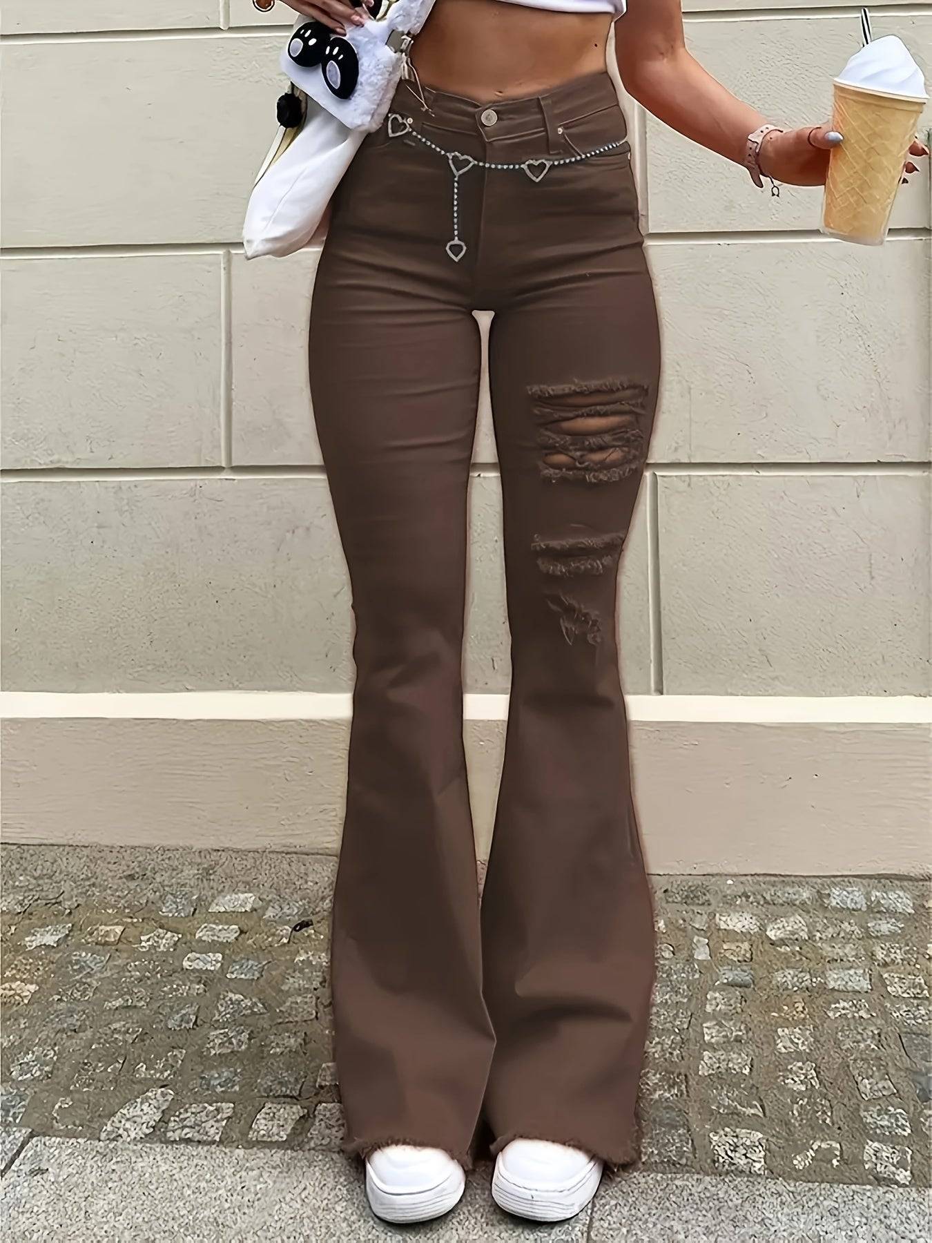 Women’s Boho Flared Jeans High-Waisted Brown Denim with Ripped & Frayed Hem Slim Fit for All Seasons