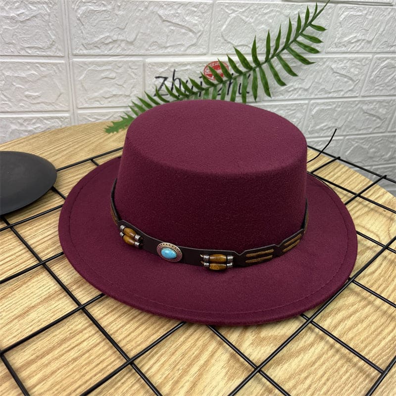 British Retro Woolen Wide Brim Flat Top Hat - PMMNAPOLES