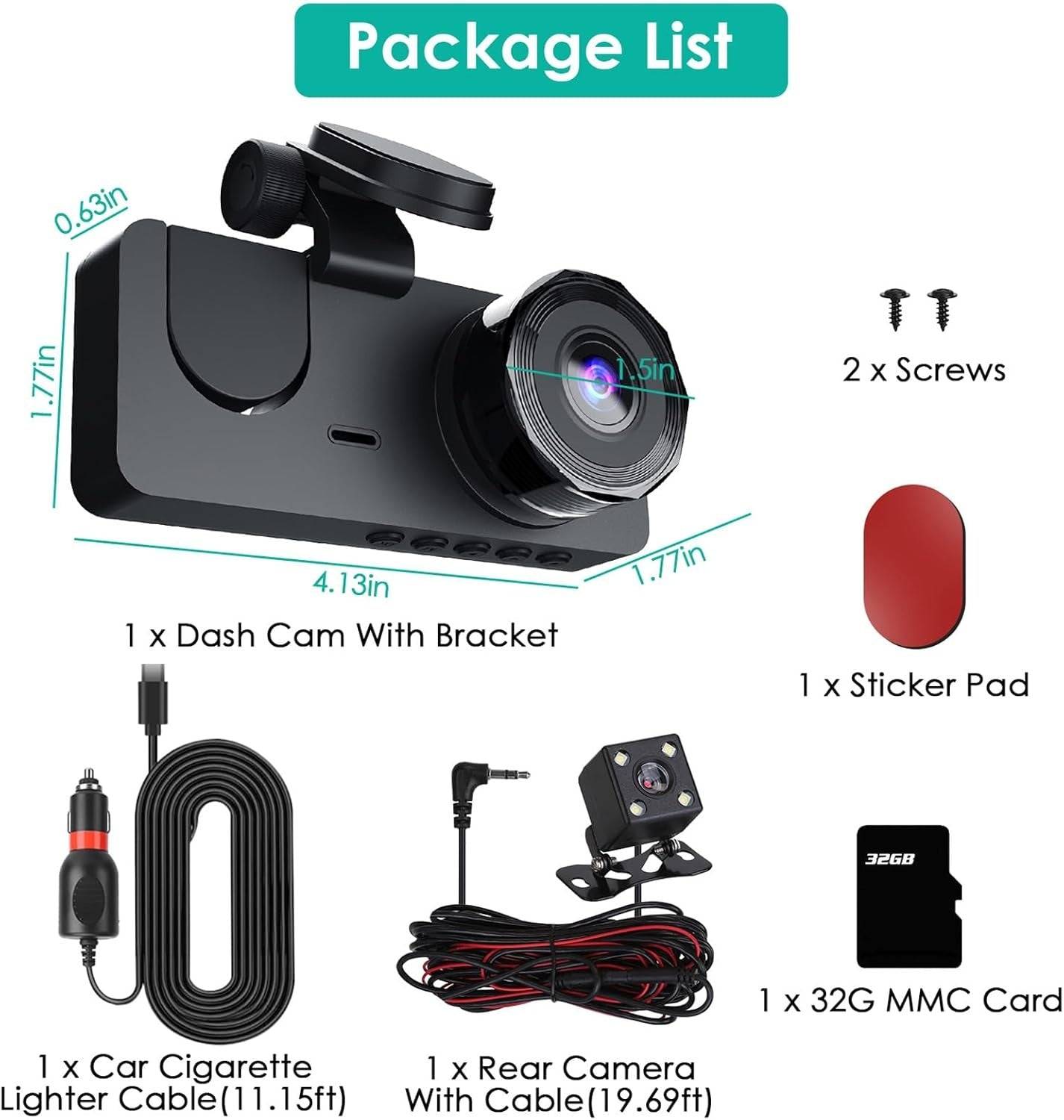 3 Channel 1080P Dash Cam with Front Rear Interior Views