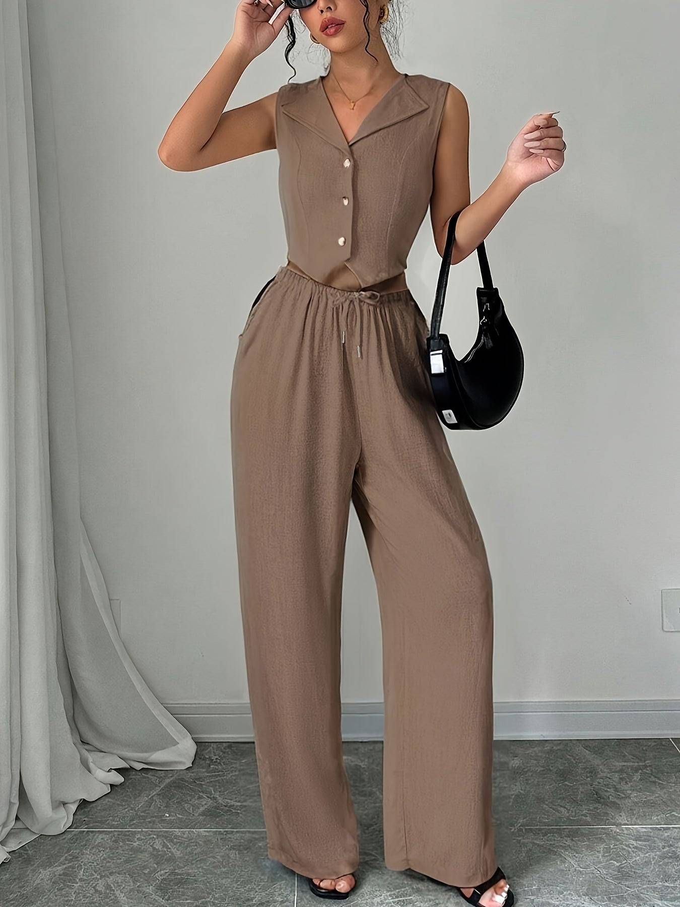 Women’s Two-Piece Set – Sleeveless Blazer Collar Top & Casual Pants for Work, Outings & Holidays