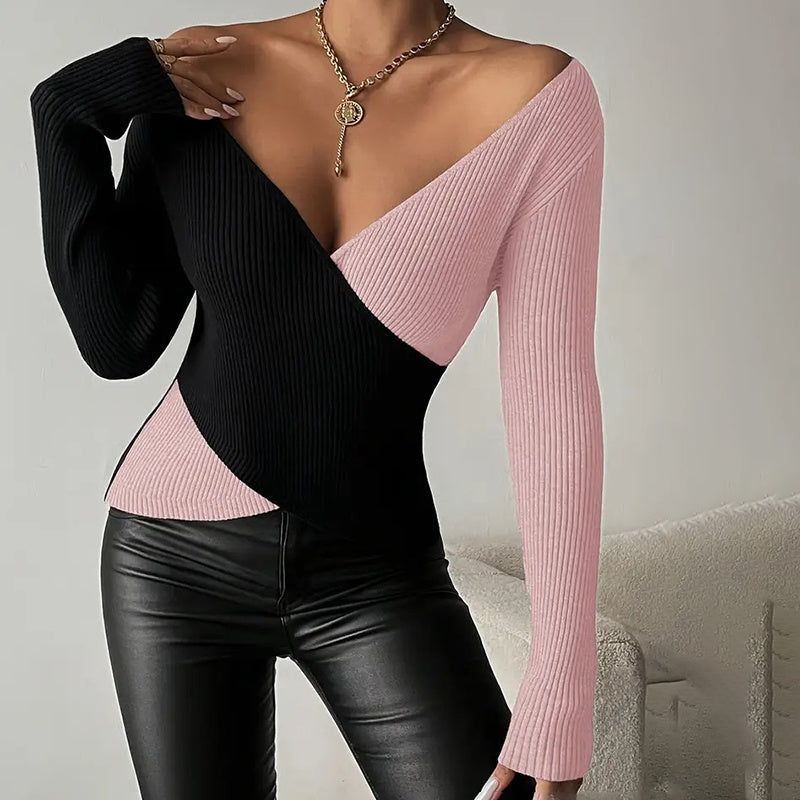 Sweater V Neck Cross Front Color Block Knit Top Women
