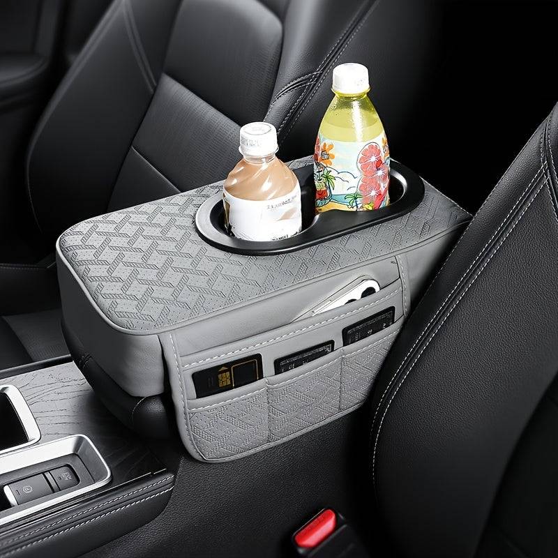 Universal Car Center Console Organizer with 2 Cup Holders and 2 Pockets, Faux PU Leather Armrest Cover with Multifunctional Storage for Phone and Accessories