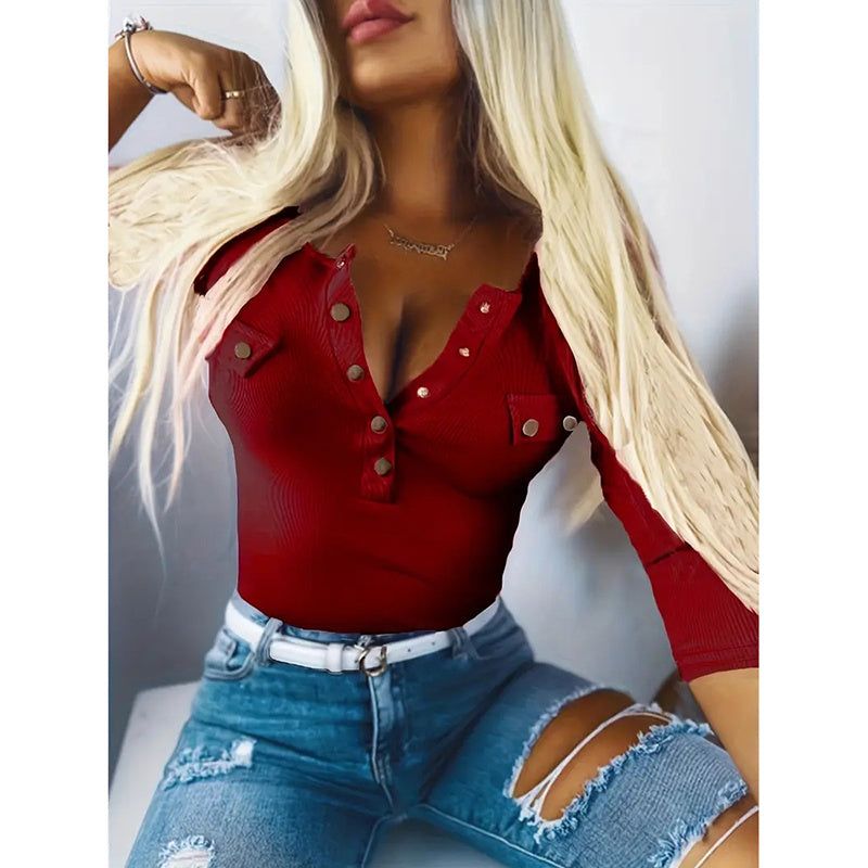 Ribbed Knit Blouse with Scoop Neck and Button Front