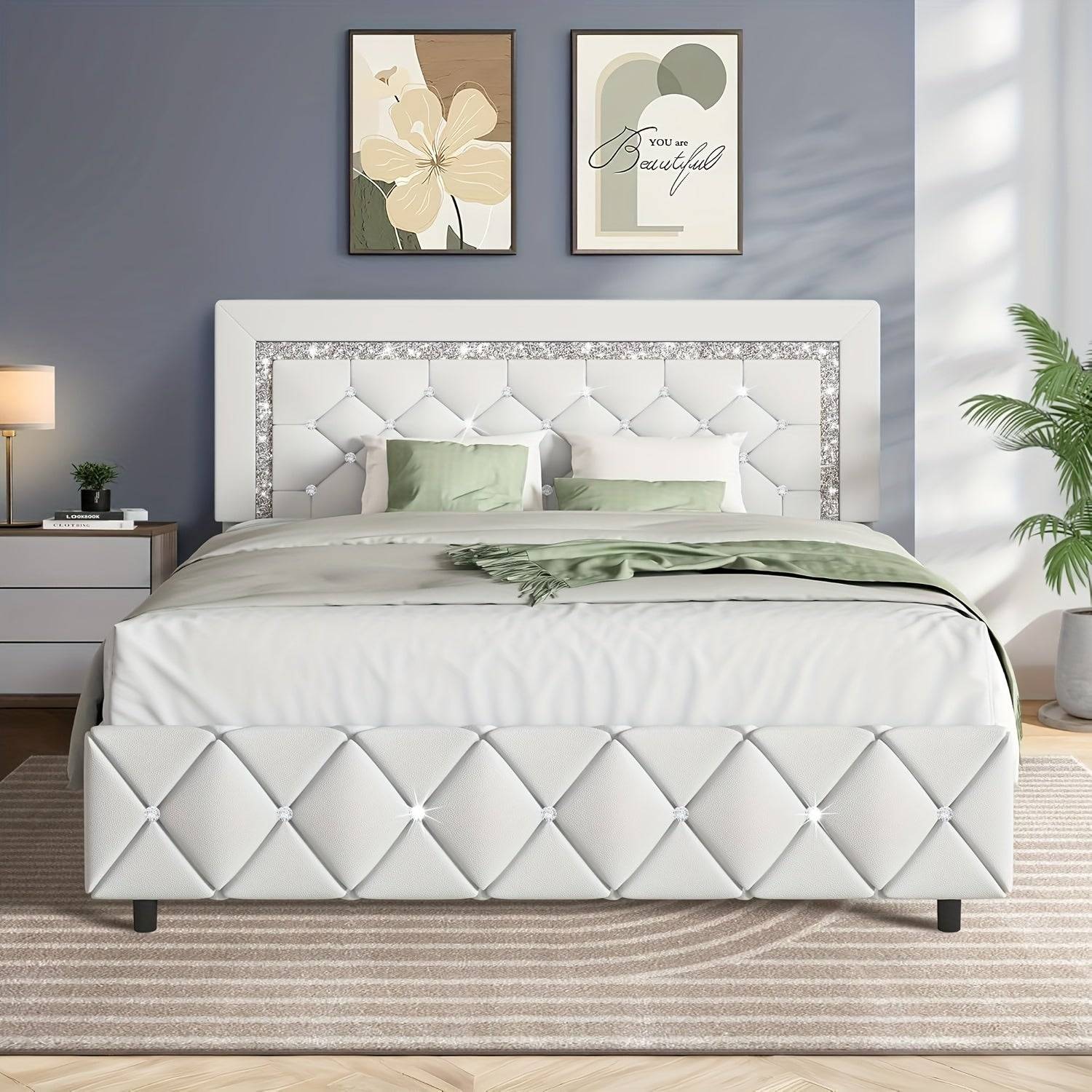 Upholstered Platform Bed Frame with Button Tufted Diamond Headboard, Padded Design, Wooden Slat Support, Easy Assembly