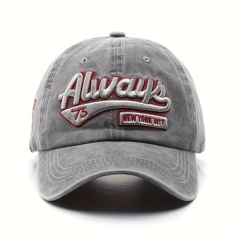Front view of grey 'Always' letter design baseball cap, part of 6pcs adjustable lightweight hats for outdoor and travel wear.