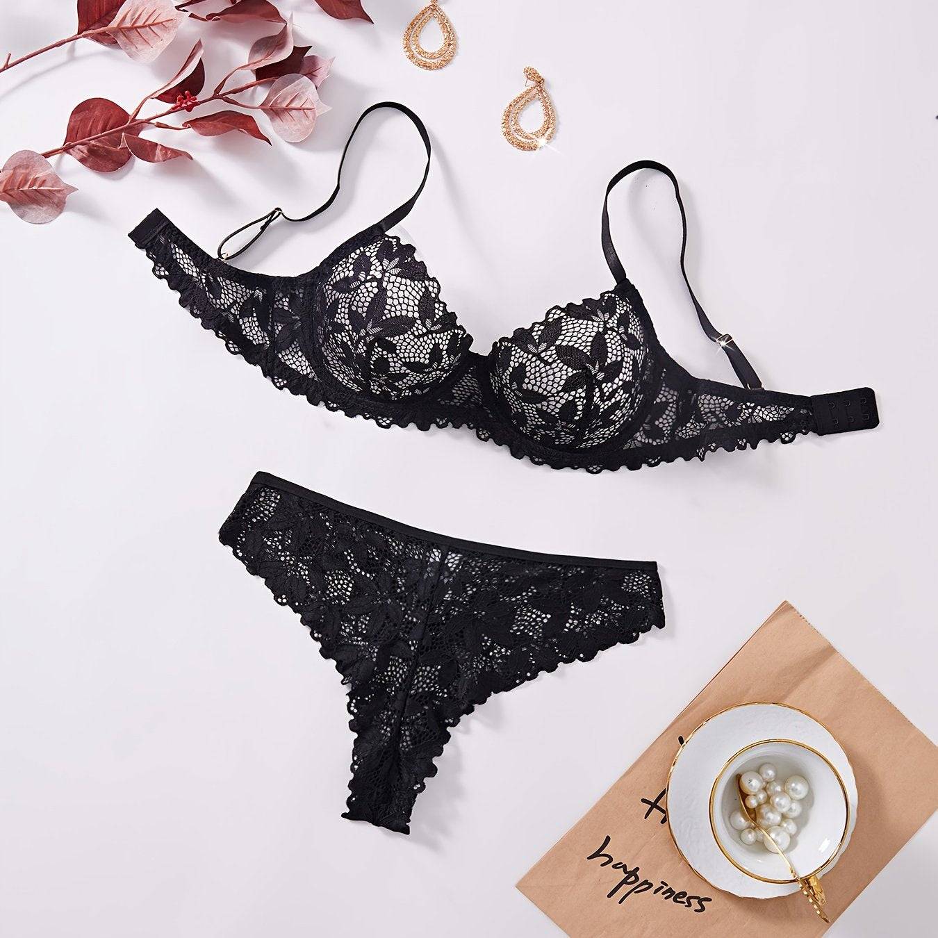 Women's Red Lace Lingerie Set – Delicate Floral Design with Scalloped Edges, Comfortable Matching Set