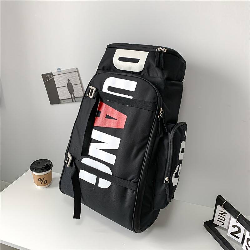 Black large travel backpack with DUANI branding, displayed upright to show its structured design and multiple storage areas.
