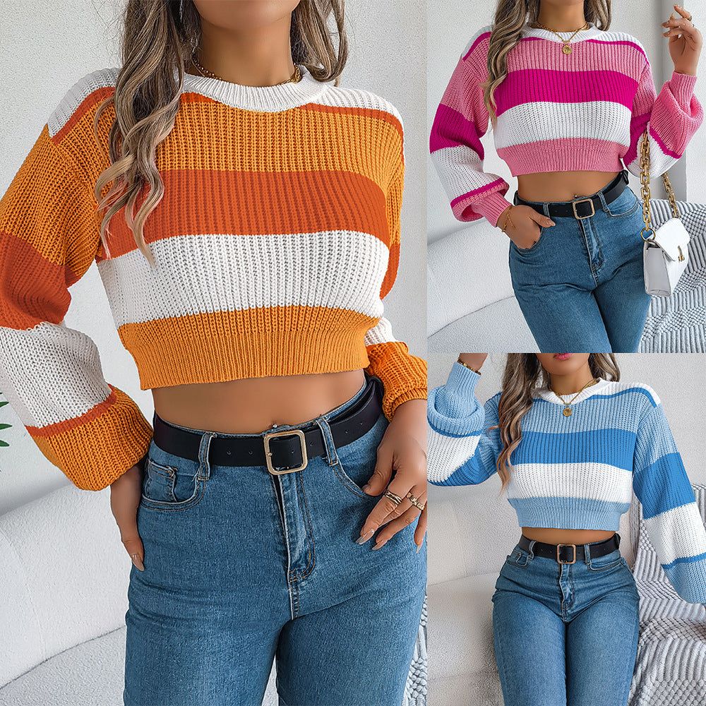 Color Block Cropped Sweater with Lantern Sleeves