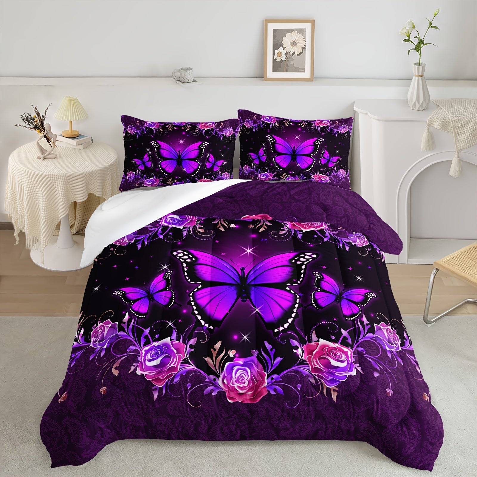 Butterfly Comforter Set Queen Size – 3pcs Floral Bedding Set for Adults, Ultra-Soft 100% Polyester, Purple Botanical Print, Ideal for Guest Room & Valentine's Day Gift