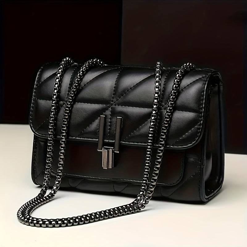Small Black Belt Bag with Chain Strap – Scottish Pattern, Lock Closure, Faux Leather, Light Luxury Style
