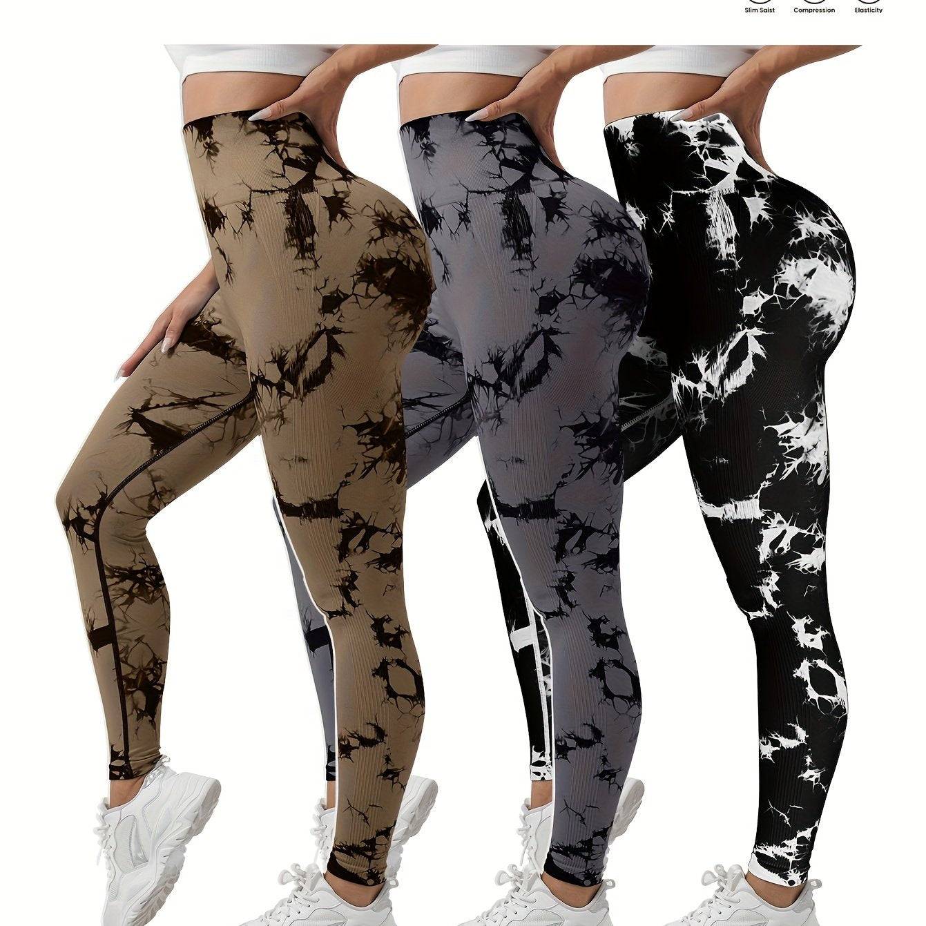 3-pack women’s seamless high-waisted tie-dye leggings, butt-lifting compression fit, multicolor 9/10 sports pants