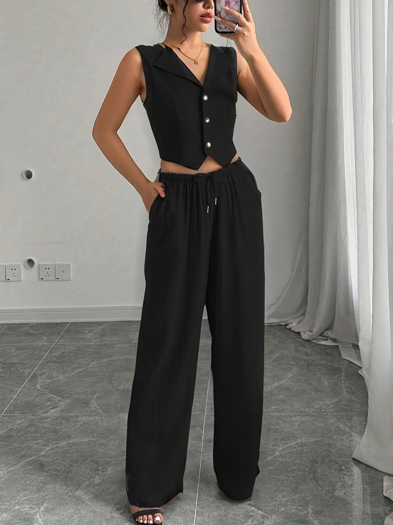 Women’s Two-Piece Set – Sleeveless Blazer Collar Top & Casual Pants for Work, Outings & Holidays
