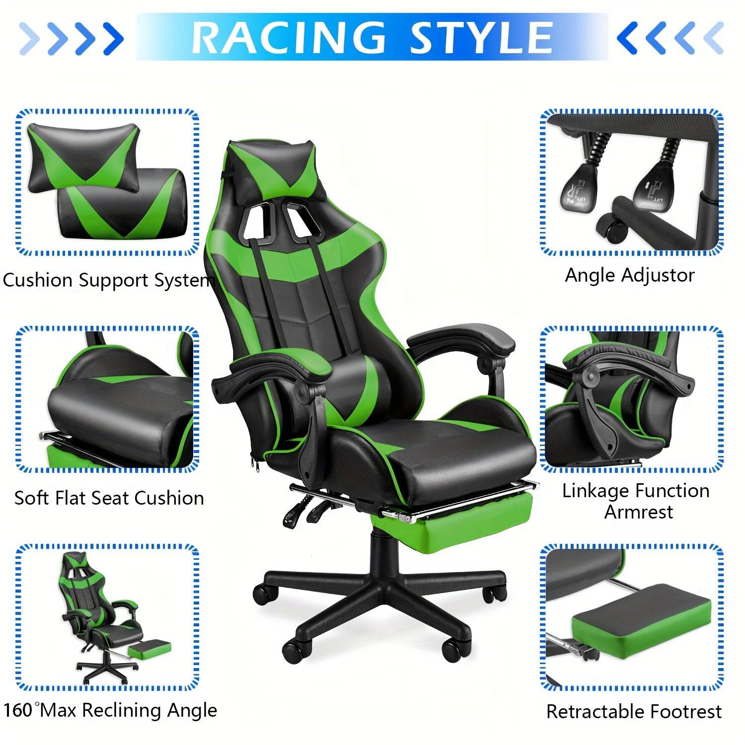 Green gaming chair with massage featuring cushion support, reclining angle, footrest, and ergonomic armrest in racing style design.