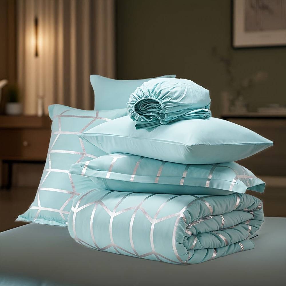 5/7-Piece Golden Foil Comforter Set, Soft Microfiber Queen Bedding with Pillowcases and Sheets, All-Season Easy-Care