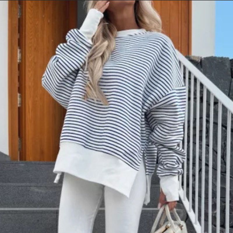 Striped Long Sleeve Sweatshirts with Side Slit Design