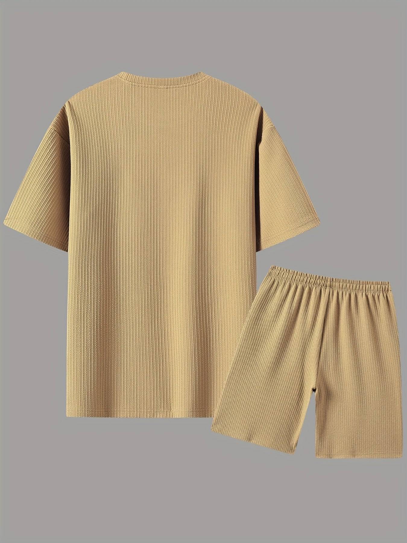 2pcs Men’s Summer Outfit Set – Short-Sleeve T-Shirt & Stretch Shorts in Textured Jacquard Fabric for Casual, Fitness & Beach Wear