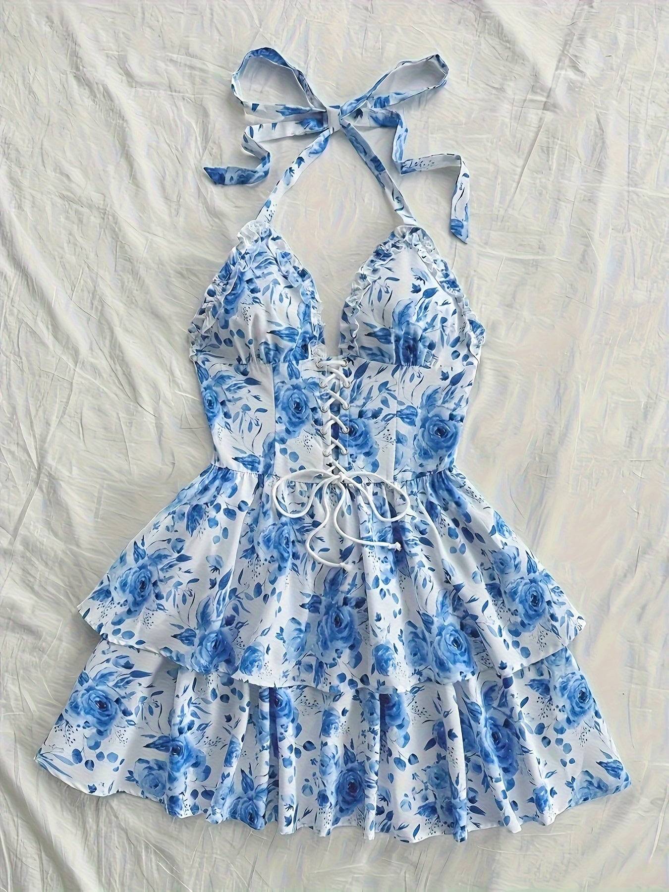 Women’s Summer Floral Halter Dress – Sleeveless Lace-Up Back, Cute A-Line Design, 100% Polyester, Vacation Outfit