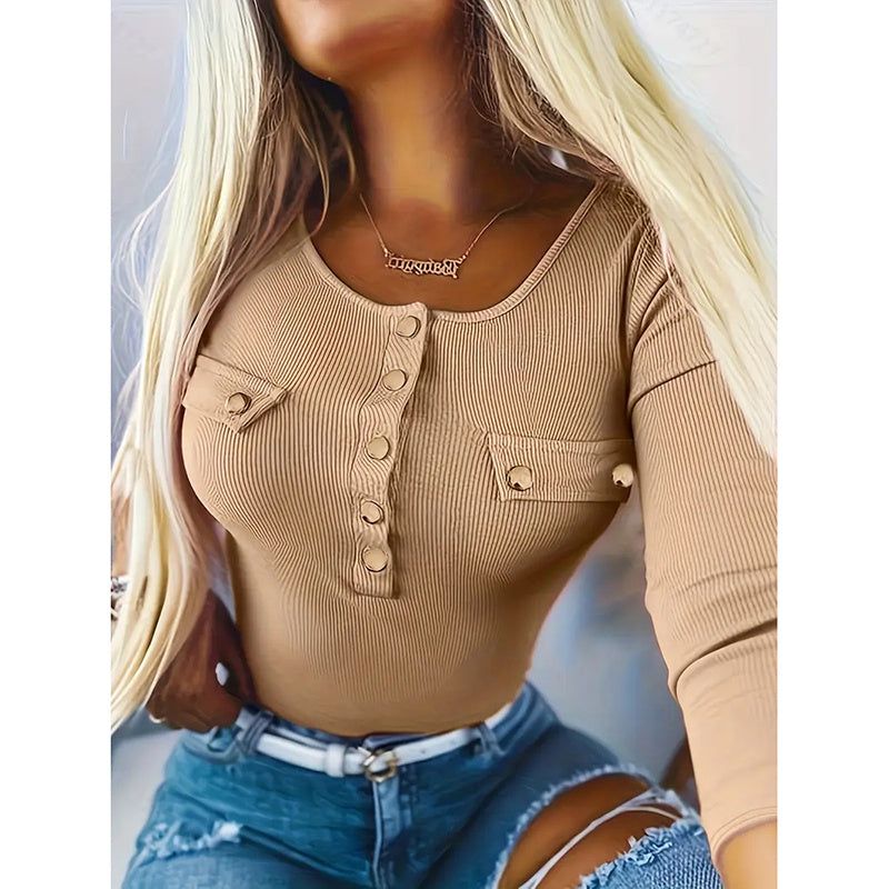 Ribbed Knit Blouse with Scoop Neck and Button Front