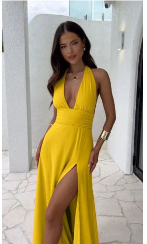 Sexy Halterneck V-neck Slit Dress Summer Backless Strappy Skirt Fashion Temperament Clothing Women - PMMNAPOLES