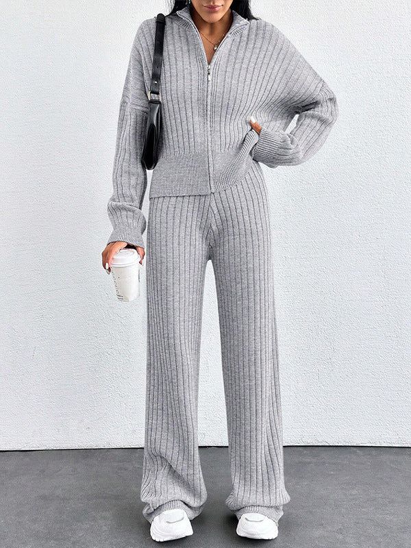 Women's Casual Two-Piece Set for Fall and Winter, Loose Fit Zip-Up Top and Pants