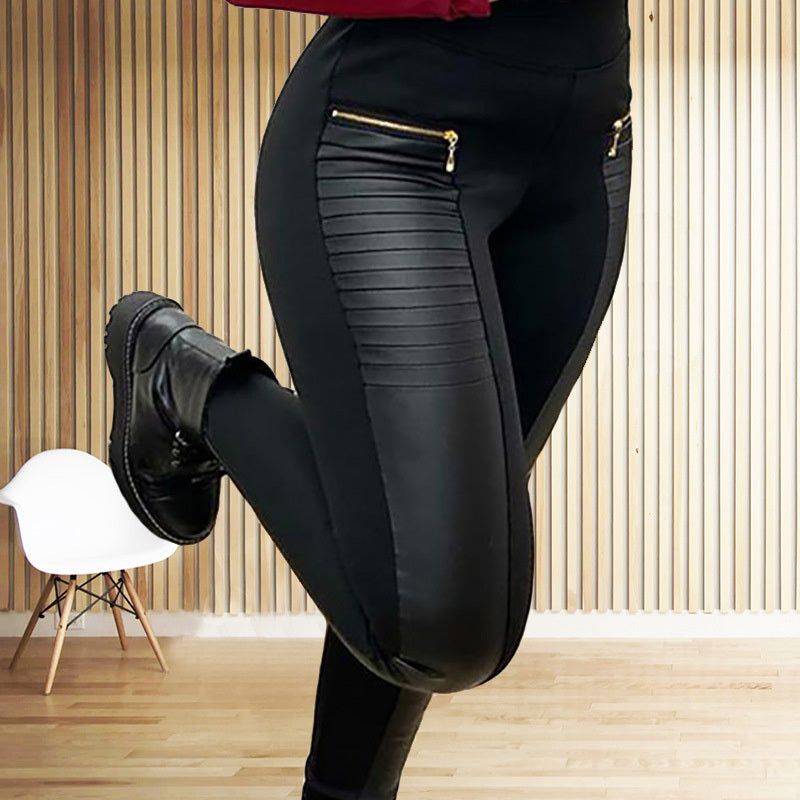 Plus Size High Waist Pants with Faux Leather Panels
