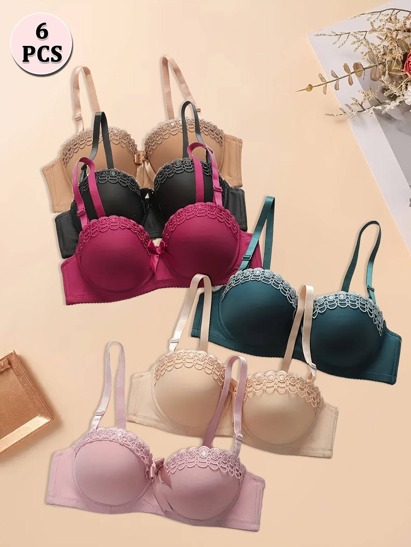 6-Pack Push-Up Bras for Women – Floral Embroidered, Underwire Support & Breathable Solid Colors