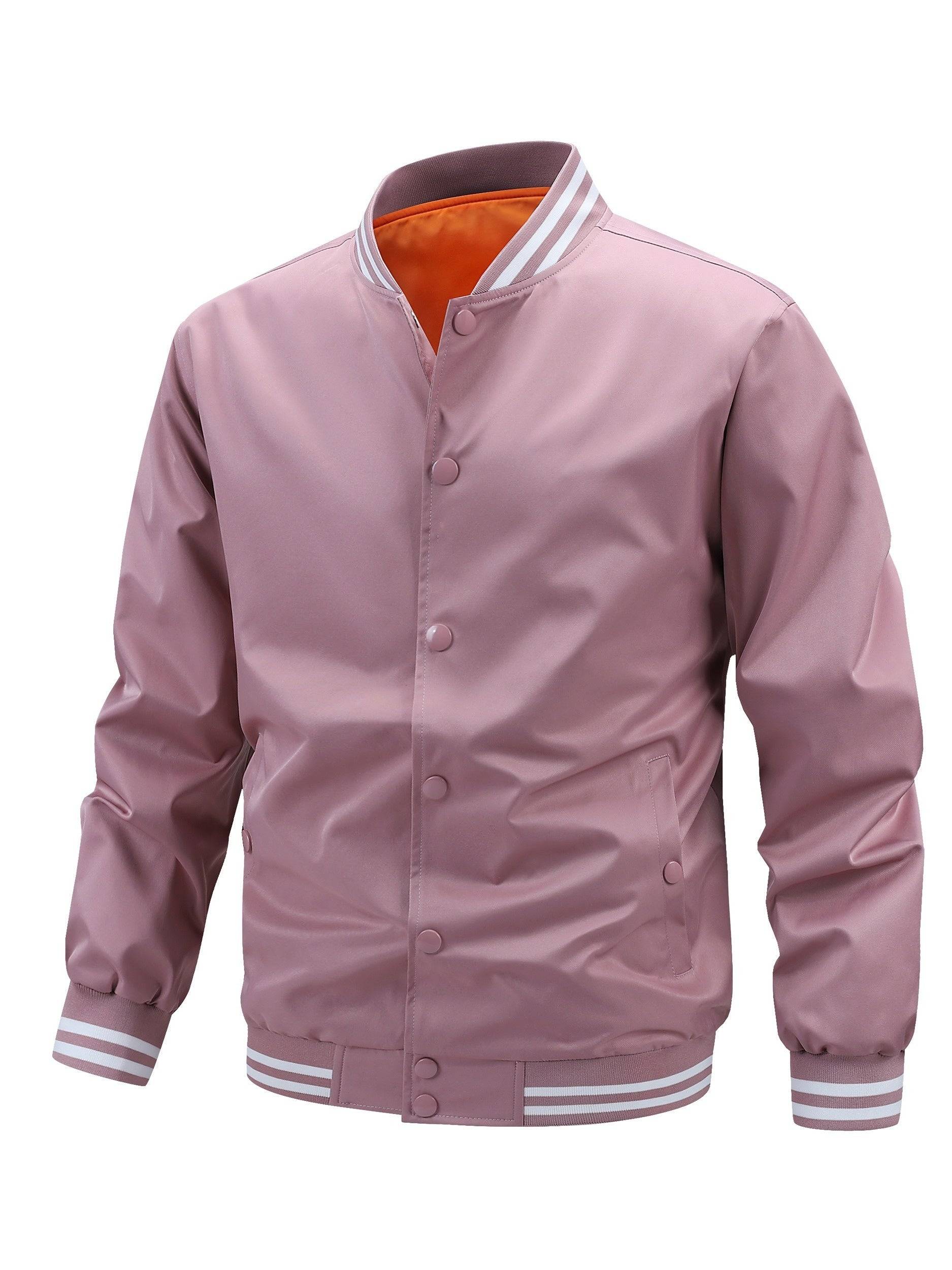 Men’s Plus Size Lightweight Varsity Jacket, Polyester Preppy Style with Striped Accents, Baseball Collar & Button-Up Design with Pockets