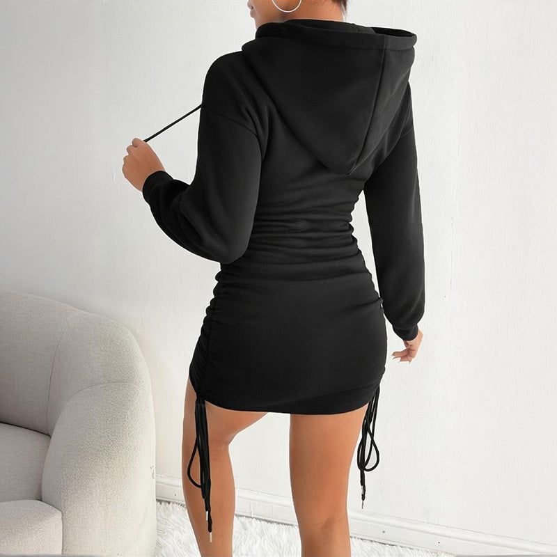 Hooded Bodycon Dress with Drawstring Ruched Detail