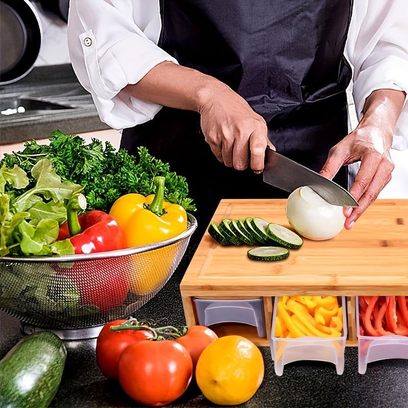Bamboo Cutting Board with Drawer and Prep Trays
