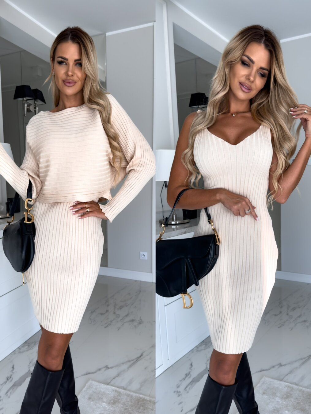 Two Piece Set Long Sleeve Top and Suspender Midi Skirt