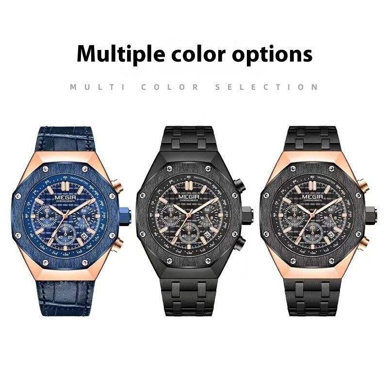 Men’s Multifunctional Waterproof Quartz Watch with Steel or Leather Strap, 13mm Thick