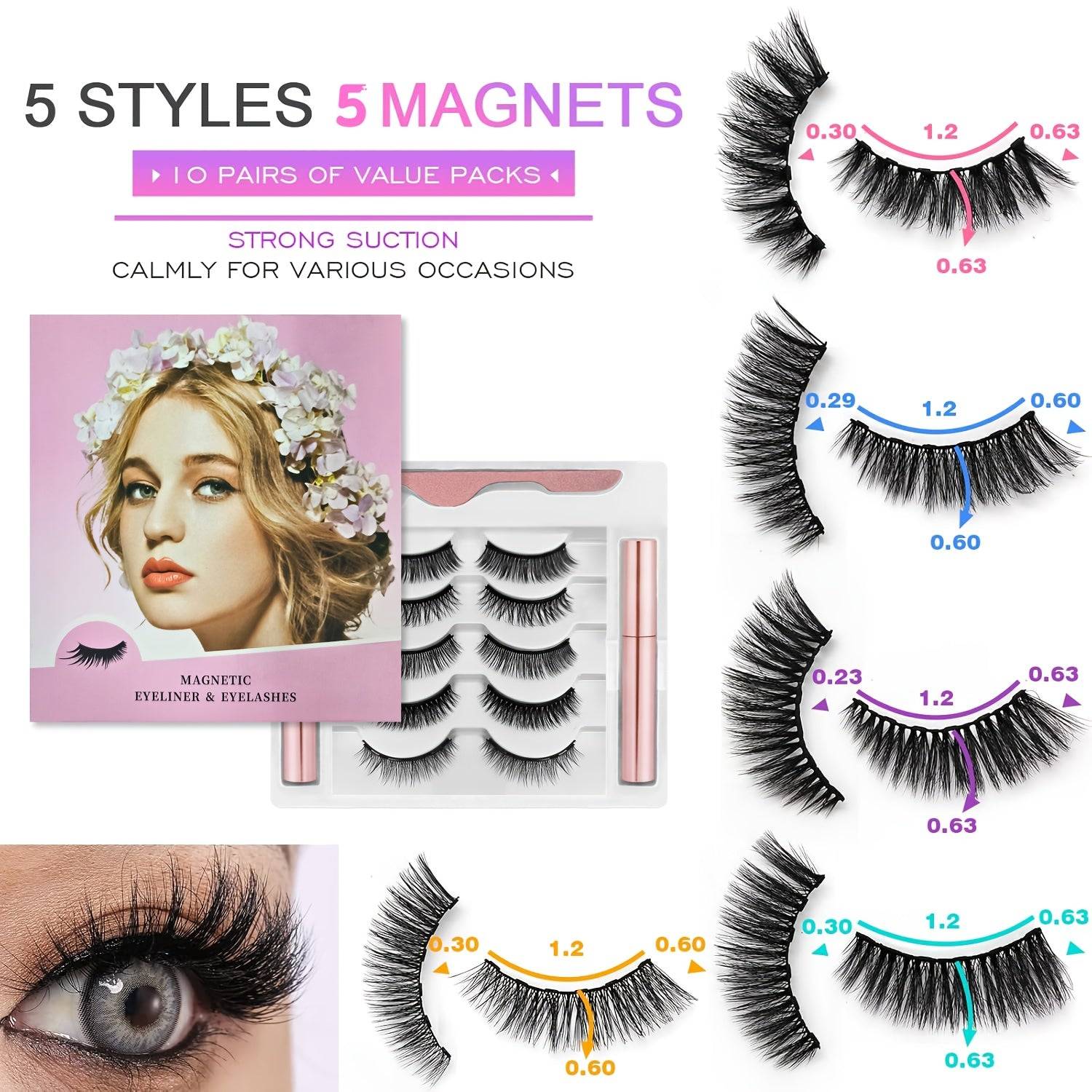 Five styles of magnetic eyelashes with 5 magnets each, offering strong suction and versatile looks for various occasions.