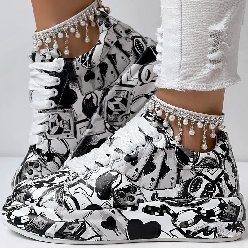 Geometric Print Sneakers With Lace Up Low Top Design
