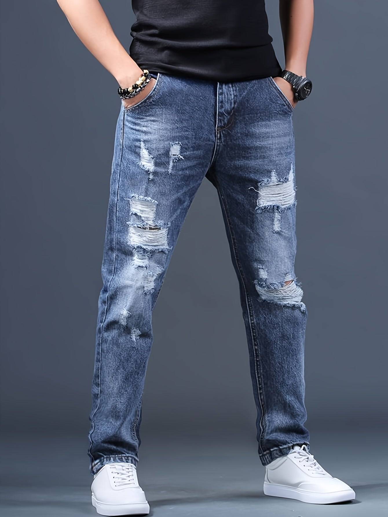 Men’s Straight Leg Ripped Jeans Non-Stretch Denim Frayed Hem Blue Street Style for All-Season Wear