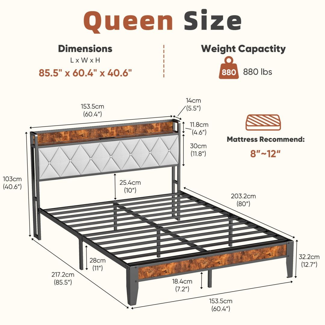 Upholstered Bed Frame with Headboard Storage and Charging