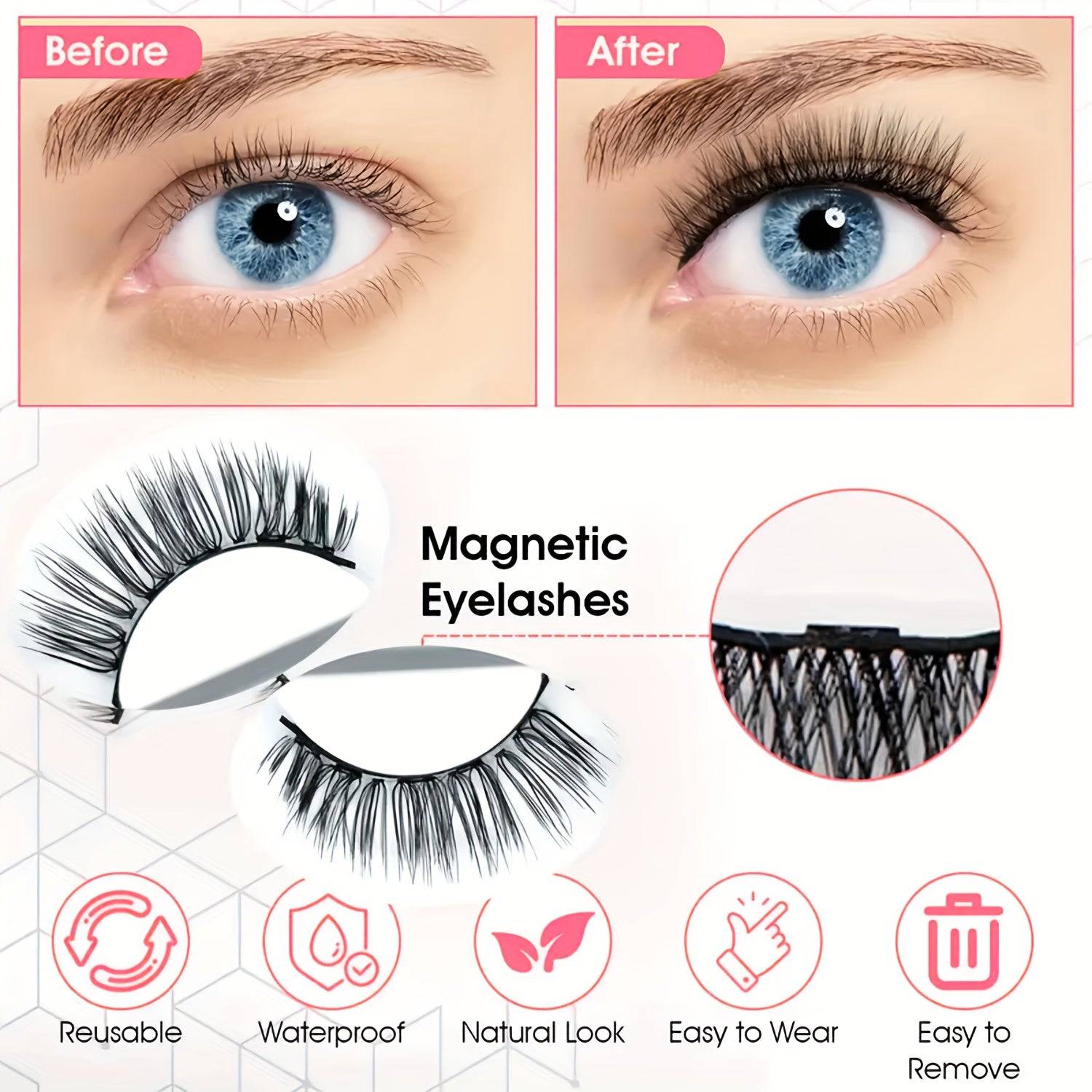 Before and after comparison of eyes with magnetic eyelashes, highlighting reusable, waterproof, and natural-look features.