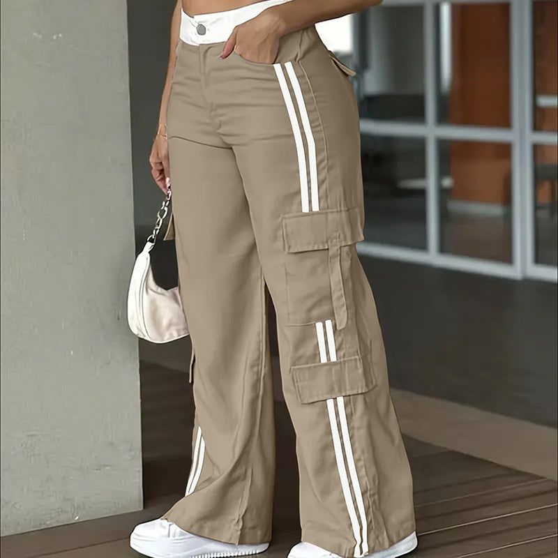 Striped Straight Leg Pants with Button Zip Closure