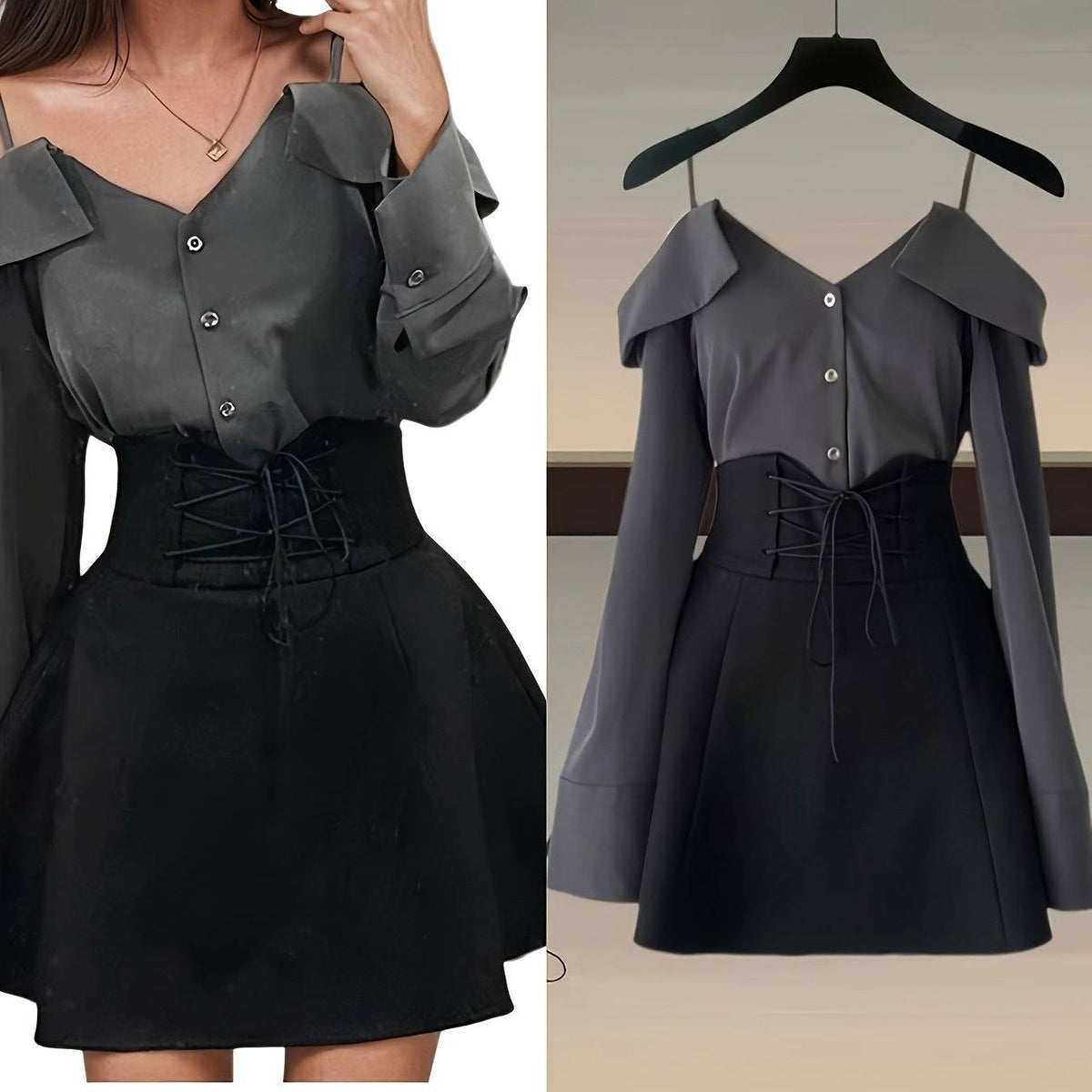 Women’s Y2K Summer Two-Piece Set with Off-Shoulder Ruffle Top & High-Waist Lace-Up A-Line Skirt, Cute Streetwear Outfit