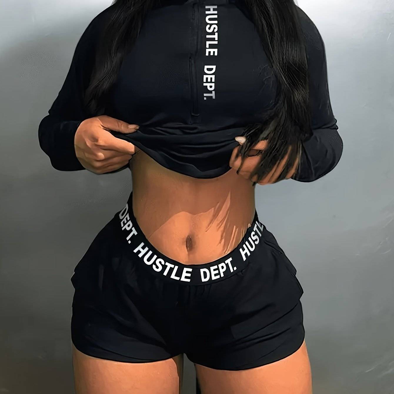 Women's Casual Two-Piece Set, Half-Zip Long Sleeve Top with Letter Print and Matching Shorts, Trendy Versatile Outfit