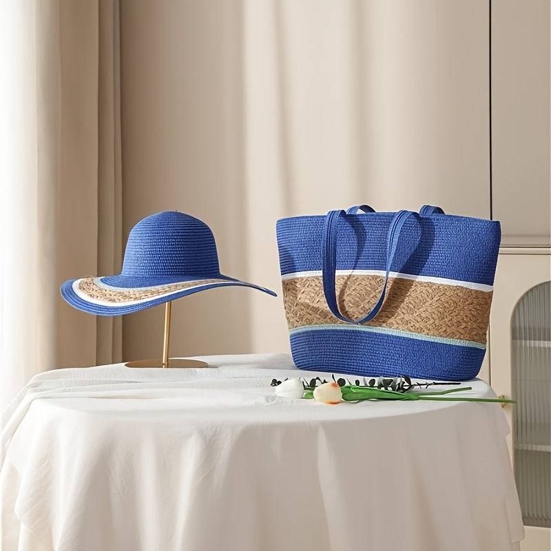 Blue and tan 2pcs Summer Travel Set featuring a wide brim straw hat and matching large beach bag with zipper, ideal for summer getaways.
