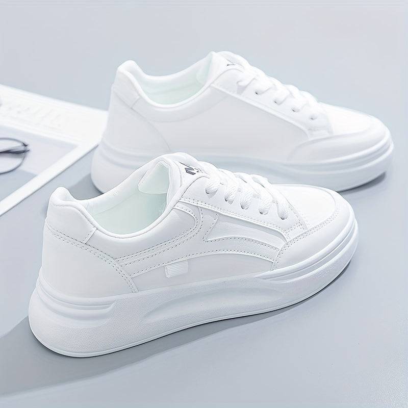 Women’s All-Season Lace-Up Sneakers – White Casual Shoes with Round Toe, Thick Platform Sole & Durable PVC Outsole