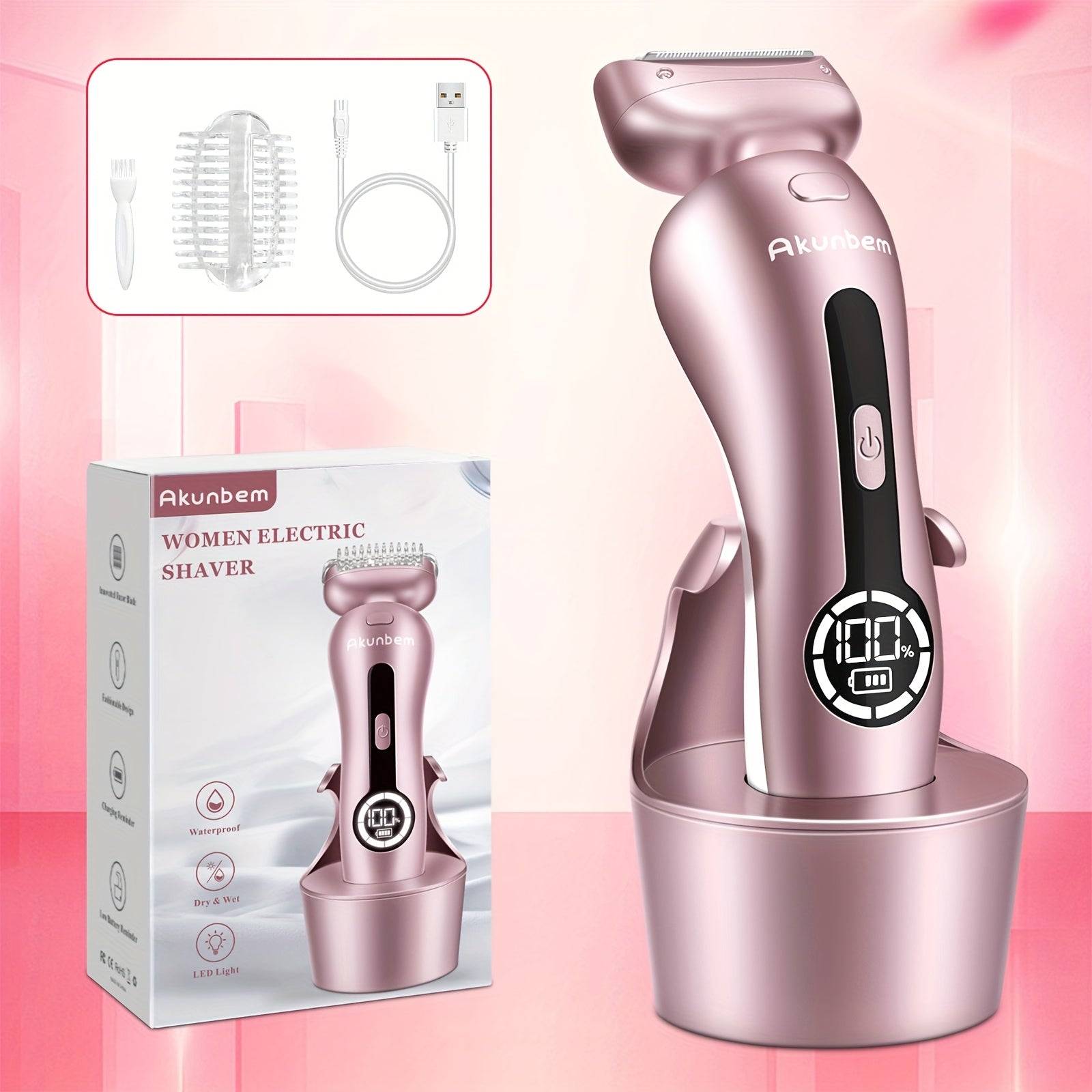 Pink rechargeable electric women’s shaver with LED display, USB cable, and cleaning brush. Waterproof foil razor for wet and dry use.