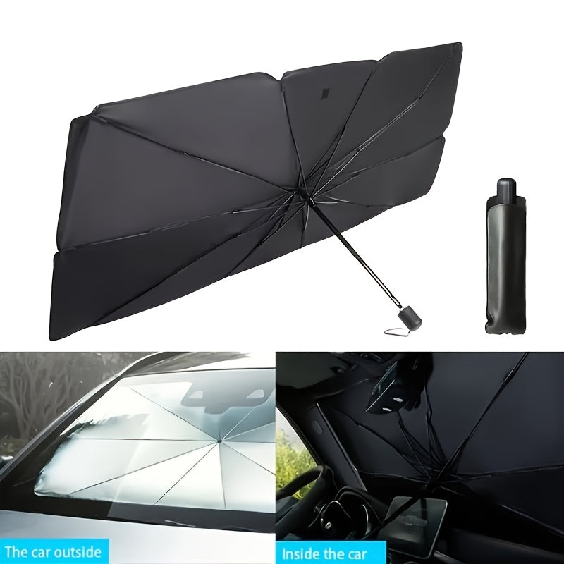 Foldable car windshield sun shade umbrella for front windows, blocks UV rays and heat, fits most car models