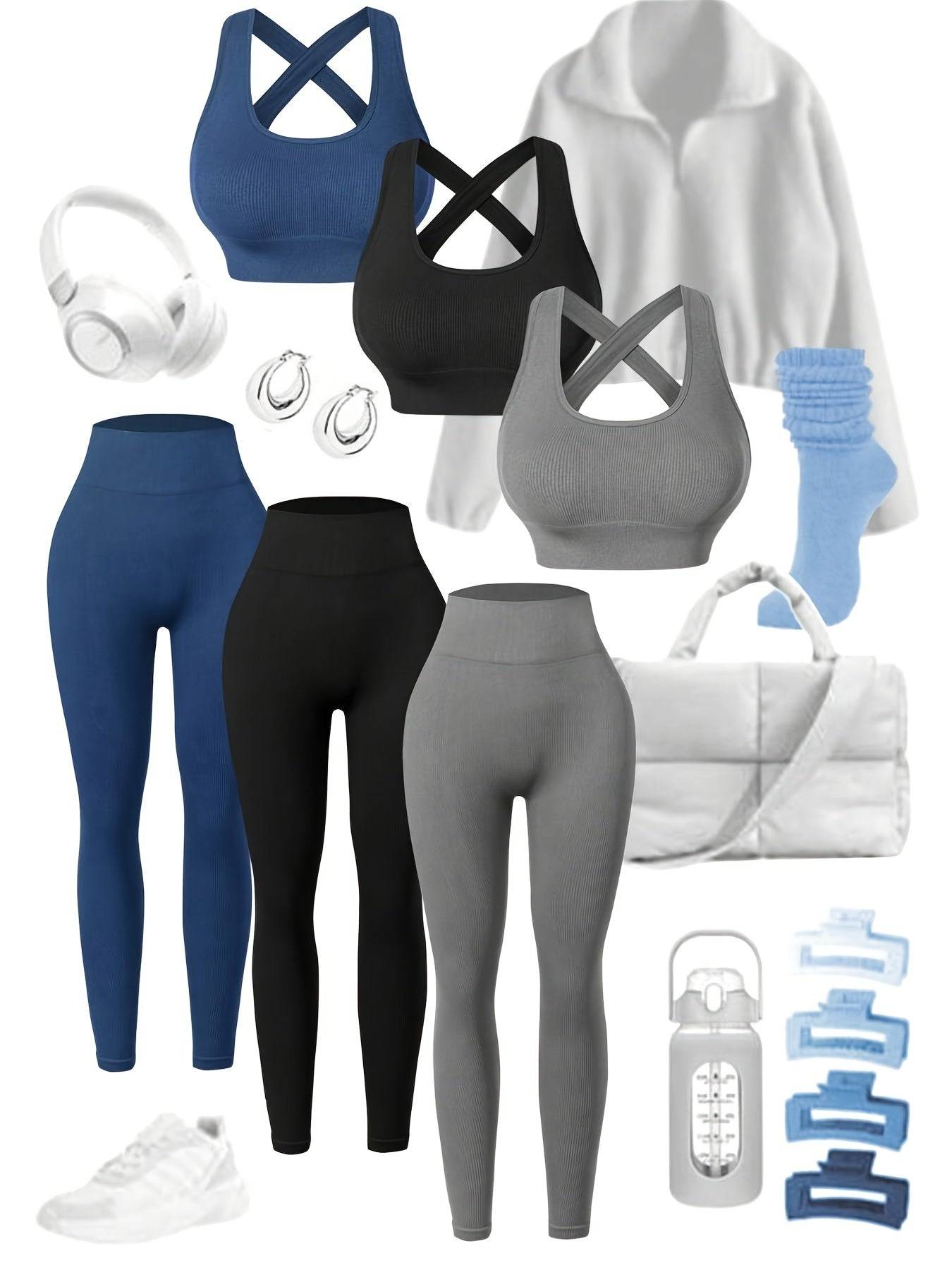 3-Piece Women’s Seamless Activewear Set with Backless Sports Bra & Hip-Lifting Leggings, High-Stretch with Crossover Straps