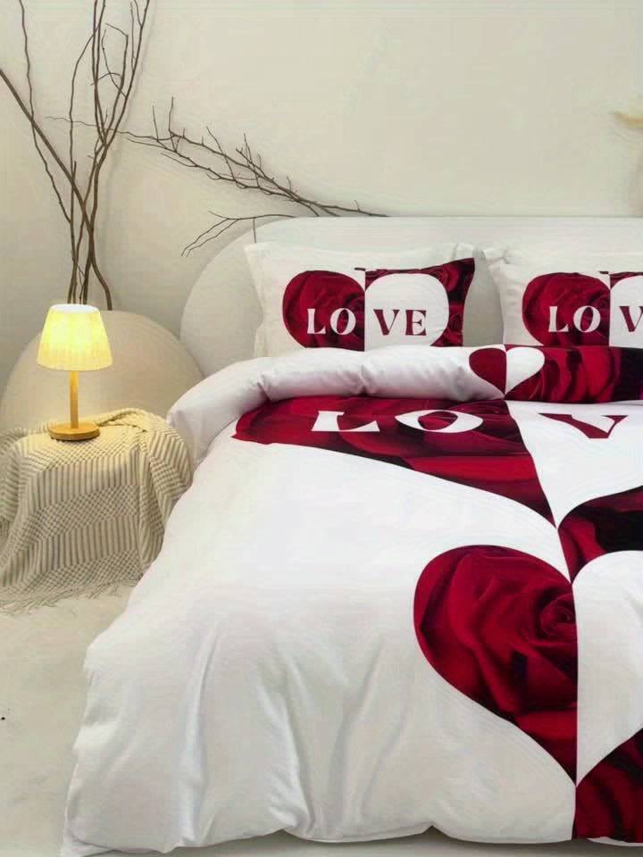 3-Piece Red & White Love Heart Duvet Cover Set – Romantic Digital Print Bedding for Bedroom Decor & Mother’s Day Gift