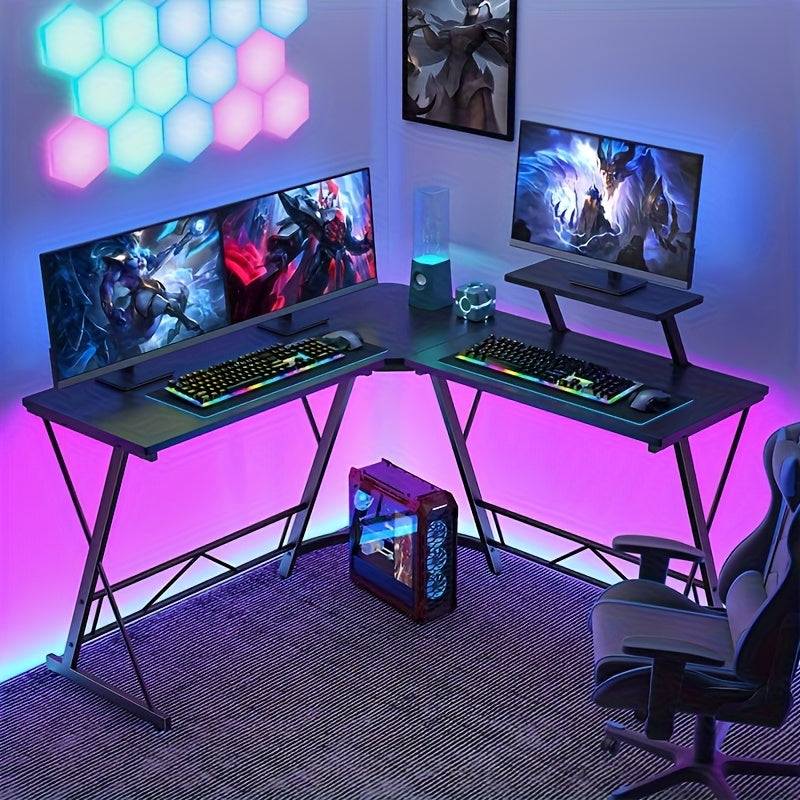51" L-Shaped Gaming Desk, Black Corner Computer Table with Cup Holder, Headphone Hook, RGB Light Strip and Display Stand, Dual Workstation for Home Office or Game Room
