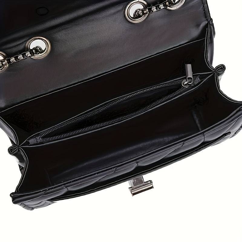 Small Black Belt Bag with Chain Strap – Scottish Pattern, Lock Closure, Faux Leather, Light Luxury Style