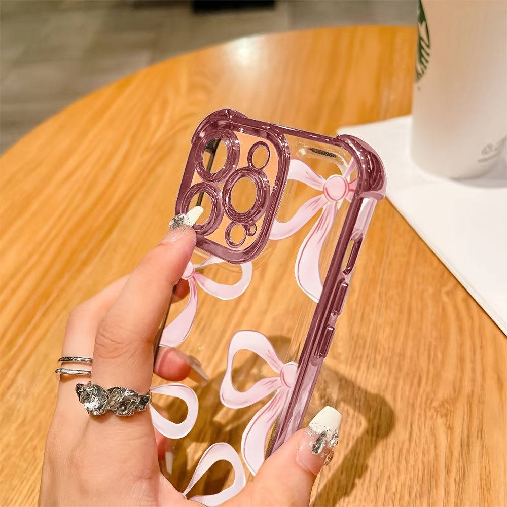 Transparent iPhone Case with Pink Bow Anti-Drop All-Inclusive Protection for iPhone 16–13 Pro Max