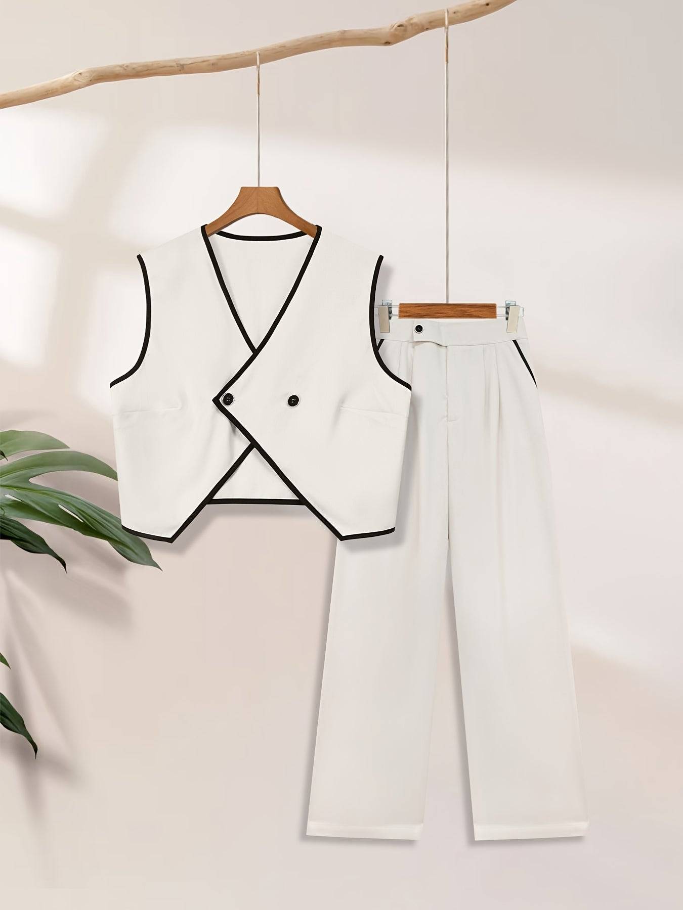 Women’s Two-Piece Summer Set with Button Blazer & Belly-Baring Design, Wide-Leg Trousers for Elegant Daily Outfits
